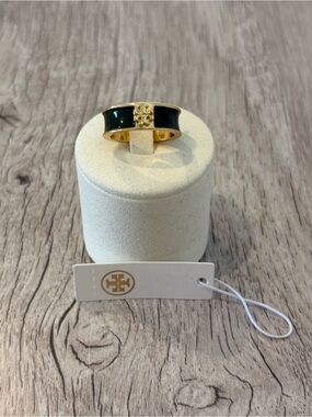 Tory Burch Gold Ring with Dark Green Enamel Logo Panel